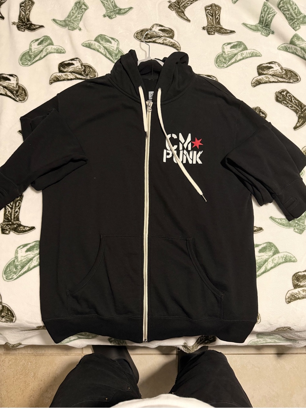 WWE CM Punk Black Zip-Up Hoodie with White Drawstrings and Red Star